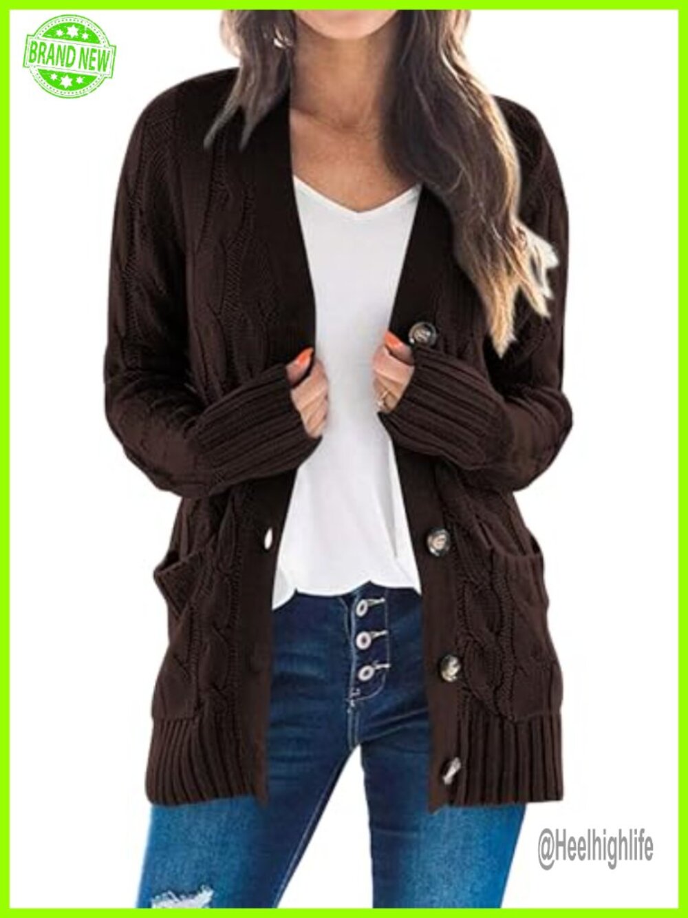 Chunky Cable Knit Cardigan Button Down V-Neck Long Sleeve Women's